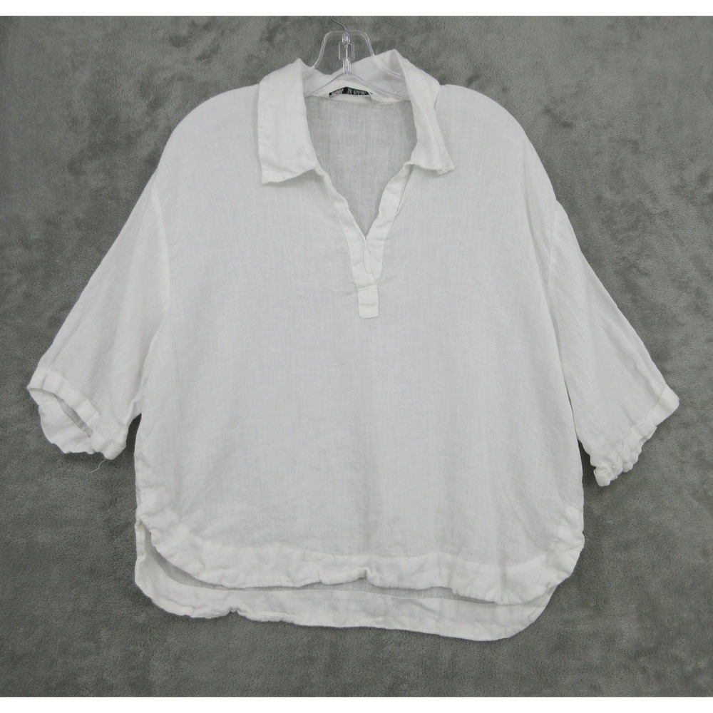 Zara Top Womens Small Linen V Neck Rounded Hem Boho Coastal Lagenlook White